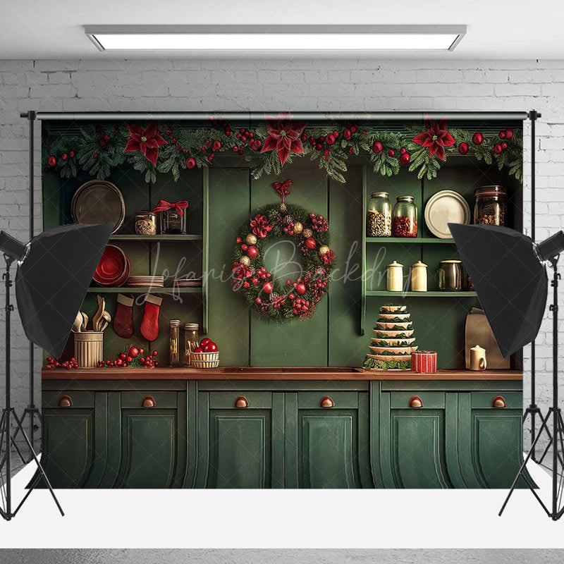 Lofaris Red Bells Green Leaves Kitchen Christmas Backdrop