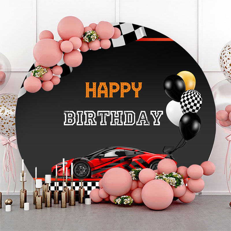 Lofaris Red Black Car Balloons Round Happy Birthday Backdrop