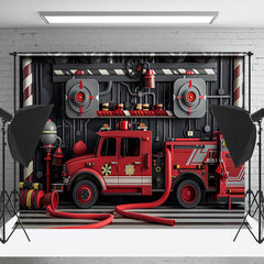 Lofaris Red Black Fire Truck Hydrant Cake Smash Backdrop