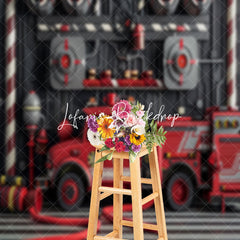 Lofaris Red Black Fire Truck Hydrant Cake Smash Backdrop