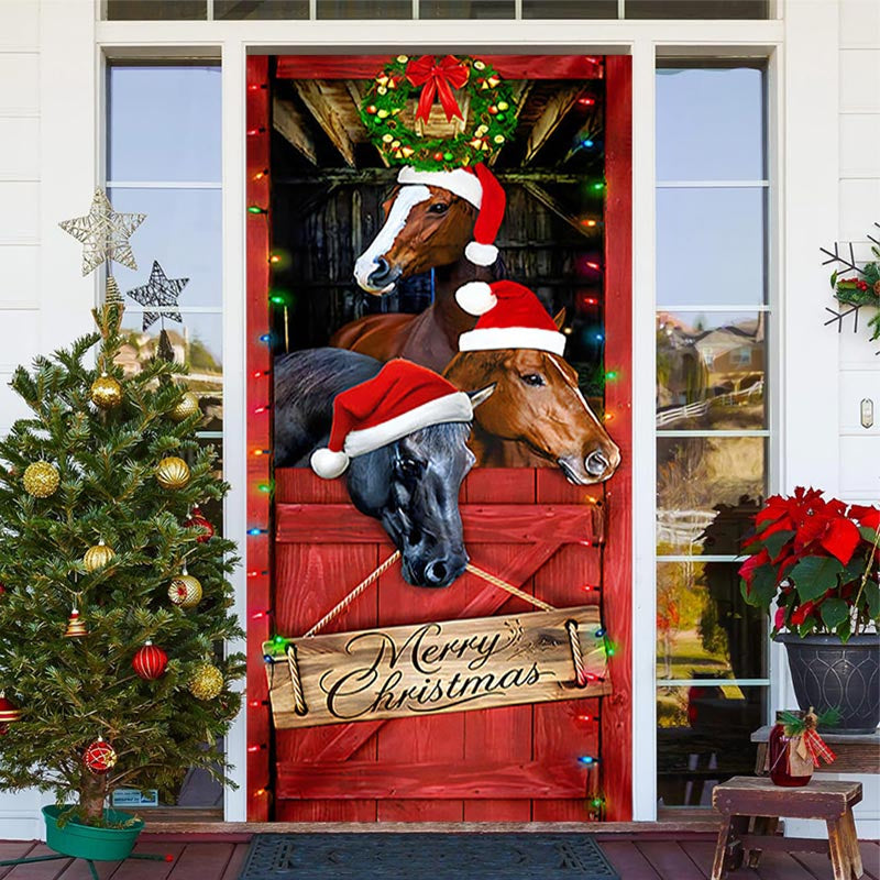 Lofaris Red Board Horse Light Merry Christmas Door Cover