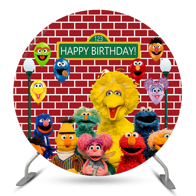 Red Brick Birthday Round Sesame Street Backdrop - Lofaris