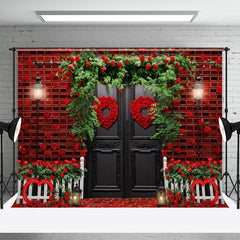 Lofaris Red Brick Wall Door Floral Valentines Day Backdrop