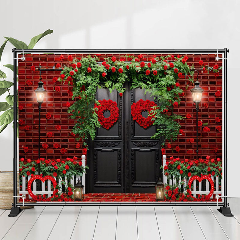 Lofaris Red Brick Wall Door Floral Valentines Day Backdrop