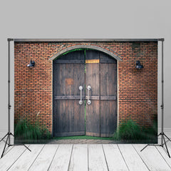 Lofaris Red Brick Wall Retro Wood Gate Photo Booth Backdrop