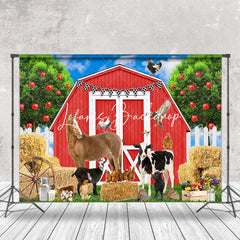 Lofaris Red Cabin Farm Animals Birthday Cake Smash Backdrop