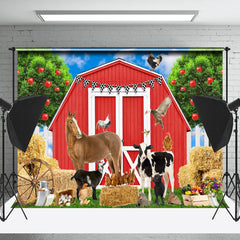 Lofaris Red Cabin Farm Animals Birthday Cake Smash Backdrop