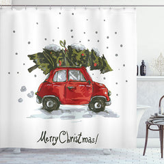 Lofaris Red Car Green Xmas Tree Christmas Shower Curtain