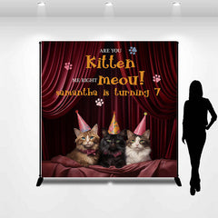 Lofaris Red Curtain Kitten Custom Name 7Th Birthday Backdrop