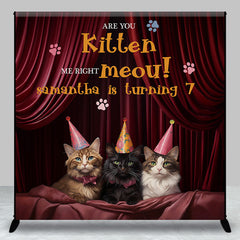 Lofaris Red Curtain Kitten Custom Name 7Th Birthday Backdrop