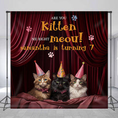 Lofaris Red Curtain Kitten Custom Name 7Th Birthday Backdrop