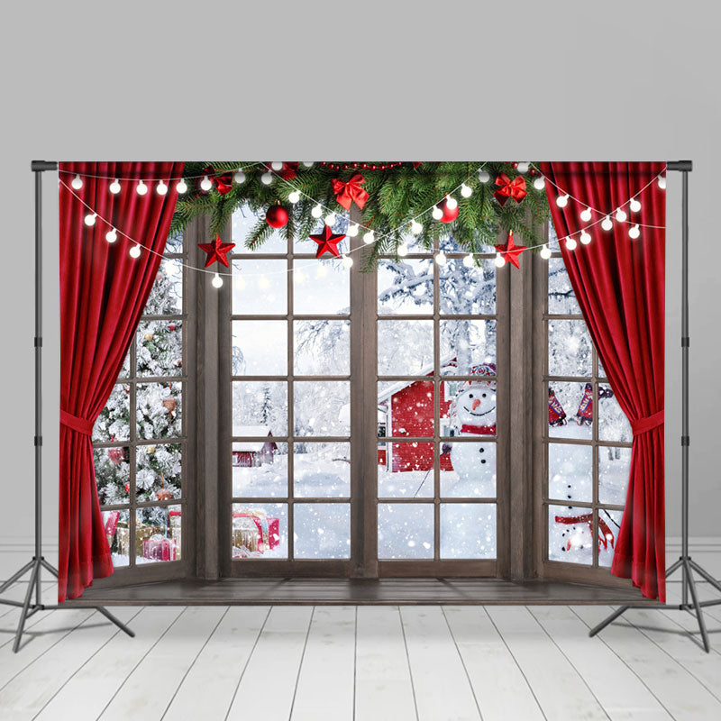 Lofaris Red Curtain Window Snowman Christmas Tree Backdrop