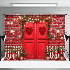 Lofaris Red Door Brick Wall Flowers Valentines Day Backdrop