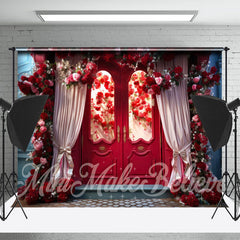 Lofaris Red Door Pink Curtain Flowers Photography Backdrop