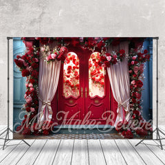 Lofaris Red Door Pink Curtain Flowers Photography Backdrop