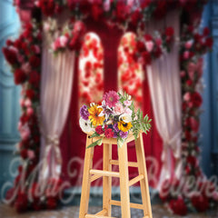 Lofaris Red Door Pink Curtain Flowers Photography Backdrop