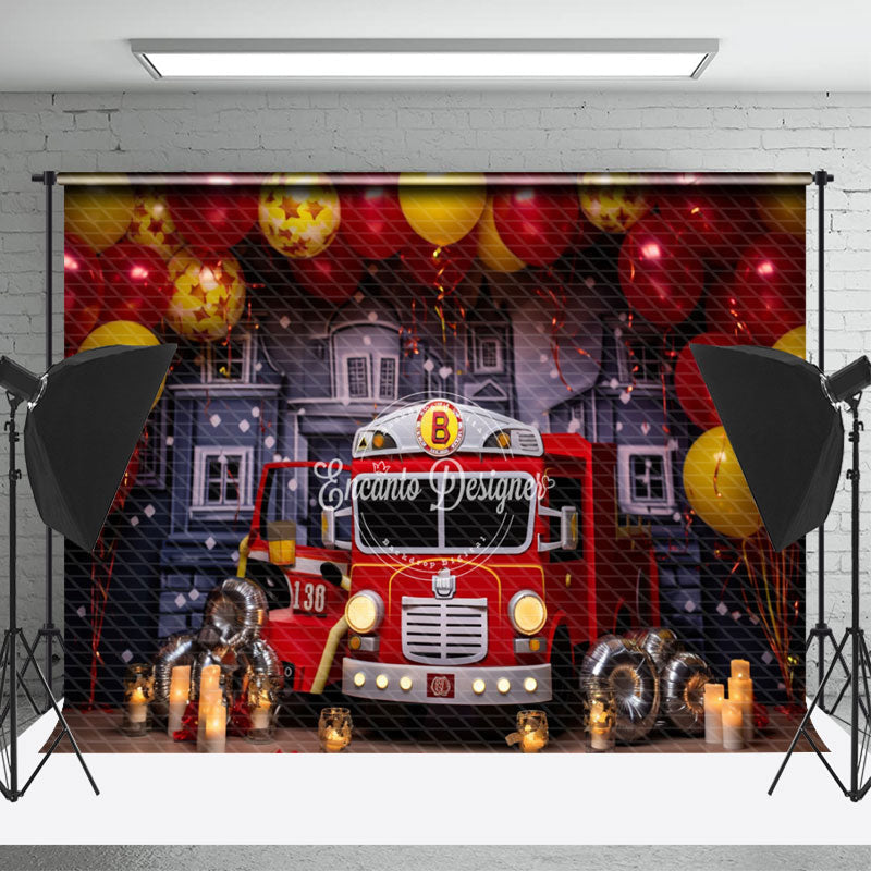 Lofaris Red Fire Truck Balloon Birthday Backdrop For Photo