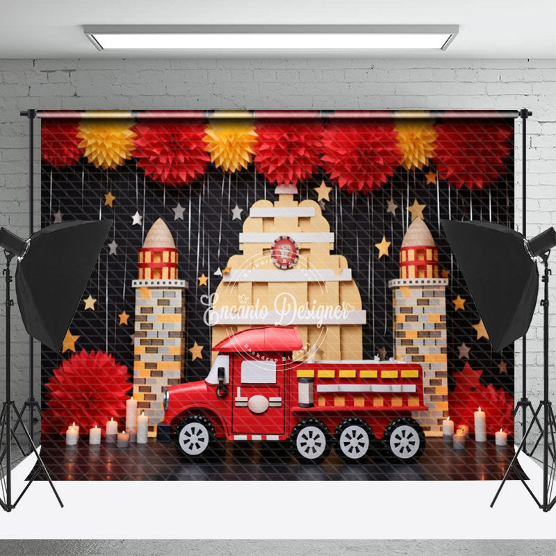 Lofaris Red Fire Truck Place Tassels Birthday Photo Backdrop