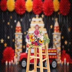 Lofaris Red Fire Truck Place Tassels Birthday Photo Backdrop