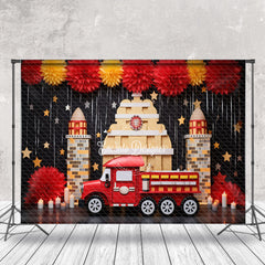 Lofaris Red Fire Truck Place Tassels Birthday Photo Backdrop