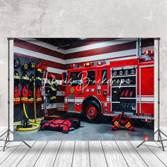 Lofaris Red Fire Truck Suit Stripe Wall Cake Smash Backdrop