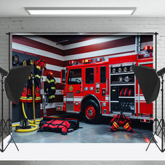 Lofaris Red Fire Truck Suit Stripe Wall Cake Smash Backdrop