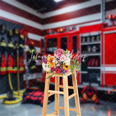 Lofaris Red Fire Truck Suit Stripe Wall Cake Smash Backdrop