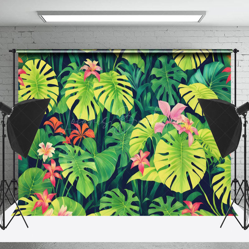 Lofaris Red Floral Green Monstera Spring Backdrop For Photo