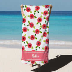 Lofaris Red Floral Personalized Name Summer Beach Towel