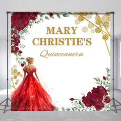 Lofaris Red Floral Princess Custom Name Quinceanera Backdrop