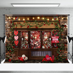 Lofaris Red Floral Shop Brick Wall Valentines Day Backdrop