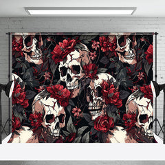 Lofaris Red Floral Skull Black Leaves Halloween Backdrop