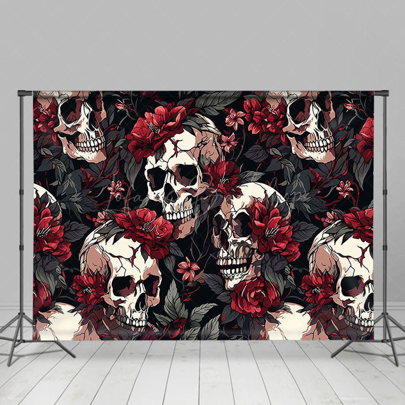 Lofaris Red Floral Skull Black Leaves Halloween Backdrop