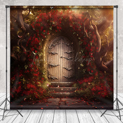 Lofaris Red Floral Vine Luxury Wooden Door Photo Backdrop