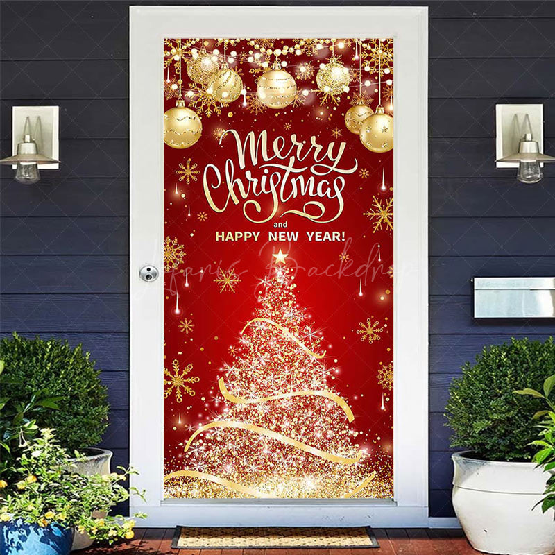 Lofaris Red Gold Merry Chirstmas Happy New Year Door Cover