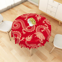 Lofaris Red Golden Dragon Repeat Festive Round Tablecloth