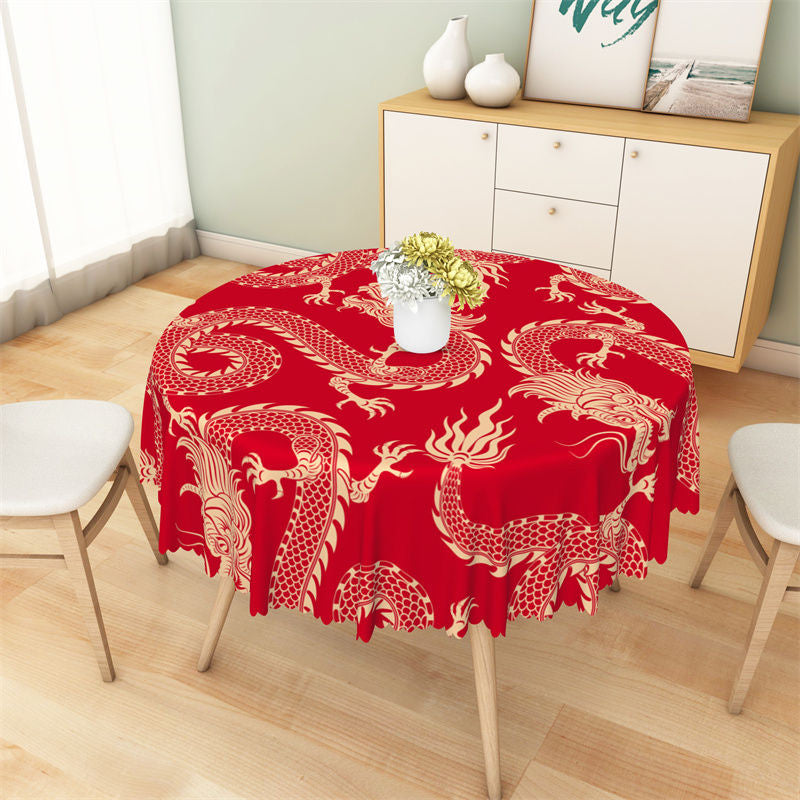 Lofaris Red Golden Dragon Repeat Festive Round Tablecloth