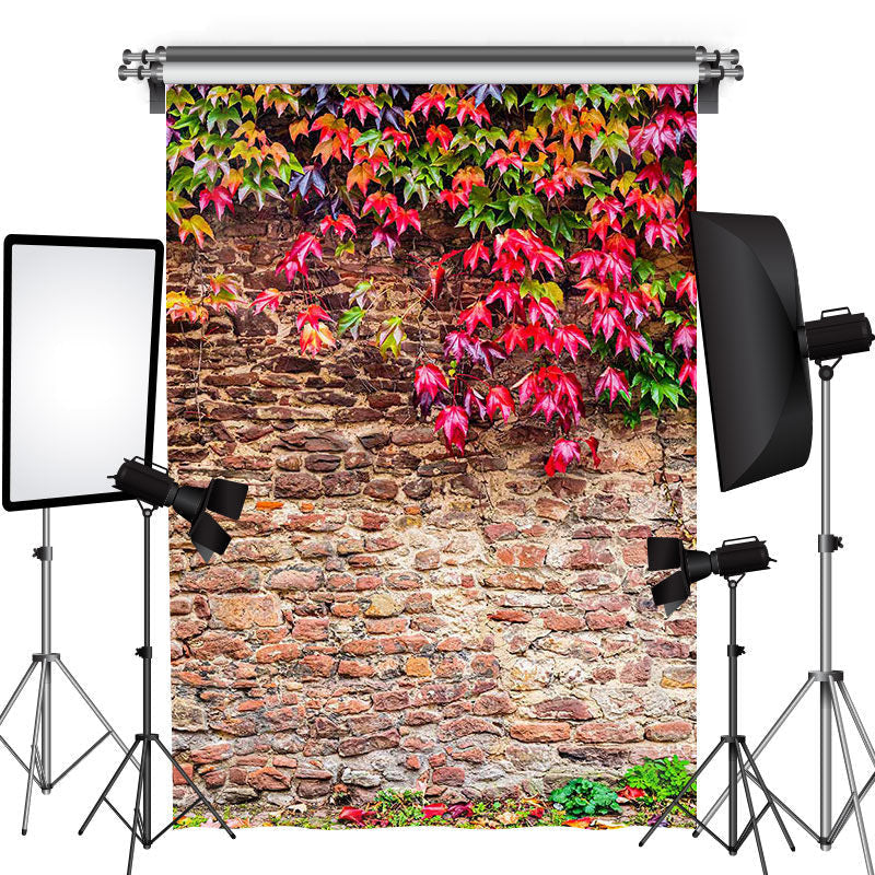 Lofaris Red Green Leaves Vintage Brick Wall Photo Backdrop