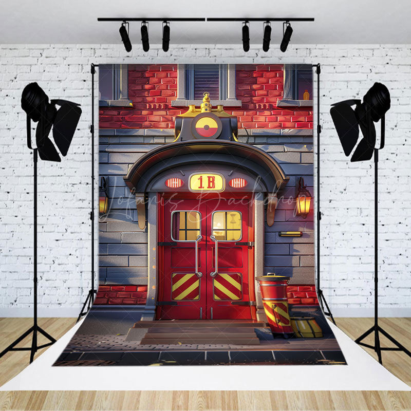 Lofaris Red Grey Fire Station Door Cake Smash Photo Backdrop