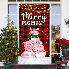 Lofaris Red Grid Pink Pig Light Merry Christmas Door Cover