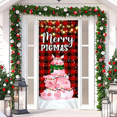 Lofaris Red Grid Pink Pig Light Merry Christmas Door Cover