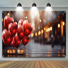 Lofaris Red Heart Balloon Street Lights Scene Bokeh Backdrop