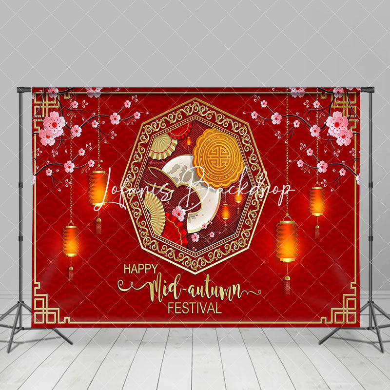 Lofaris Red Lantern Floral Happy Mid Autumn Festival Backdrop