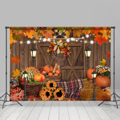 Lofaris Red Maples Pumpkins Wood Door Autumn Backdrop For Decor