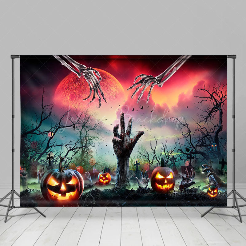 Lofaris Red Moon Tomb Skeleton Hand Pumpkin Halloween Backdrop