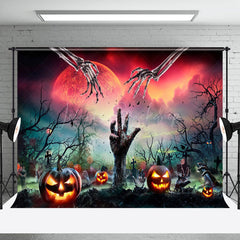 Lofaris Red Moon Tomb Skeleton Hand Pumpkin Halloween Backdrop