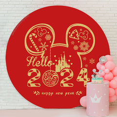 Lofaris Red Mouse Hello 2024 Round Happy New Year Backdrop