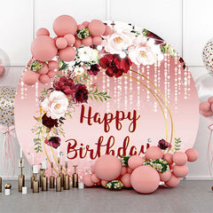 Lofaris Red Pink Glitter Floral Leaf Round Birthday Backdrop