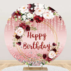 Lofaris Red Pink Glitter Floral Leaf Round Birthday Backdrop