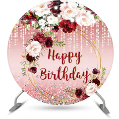 Lofaris Red Pink Glitter Floral Leaf Round Birthday Backdrop